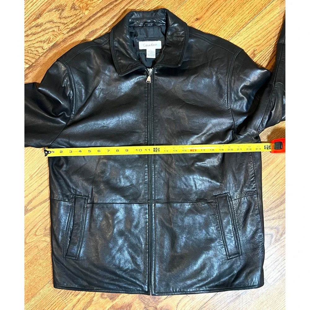 Calvin Klein Mens Black Leather Full‎ Zip Jacket Size Large Point Collar